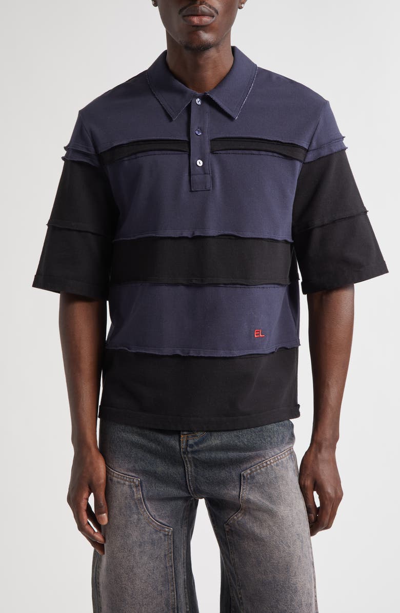Eckhaus Latta Striated Cotton Piqué Polo, Main, color, Midnight