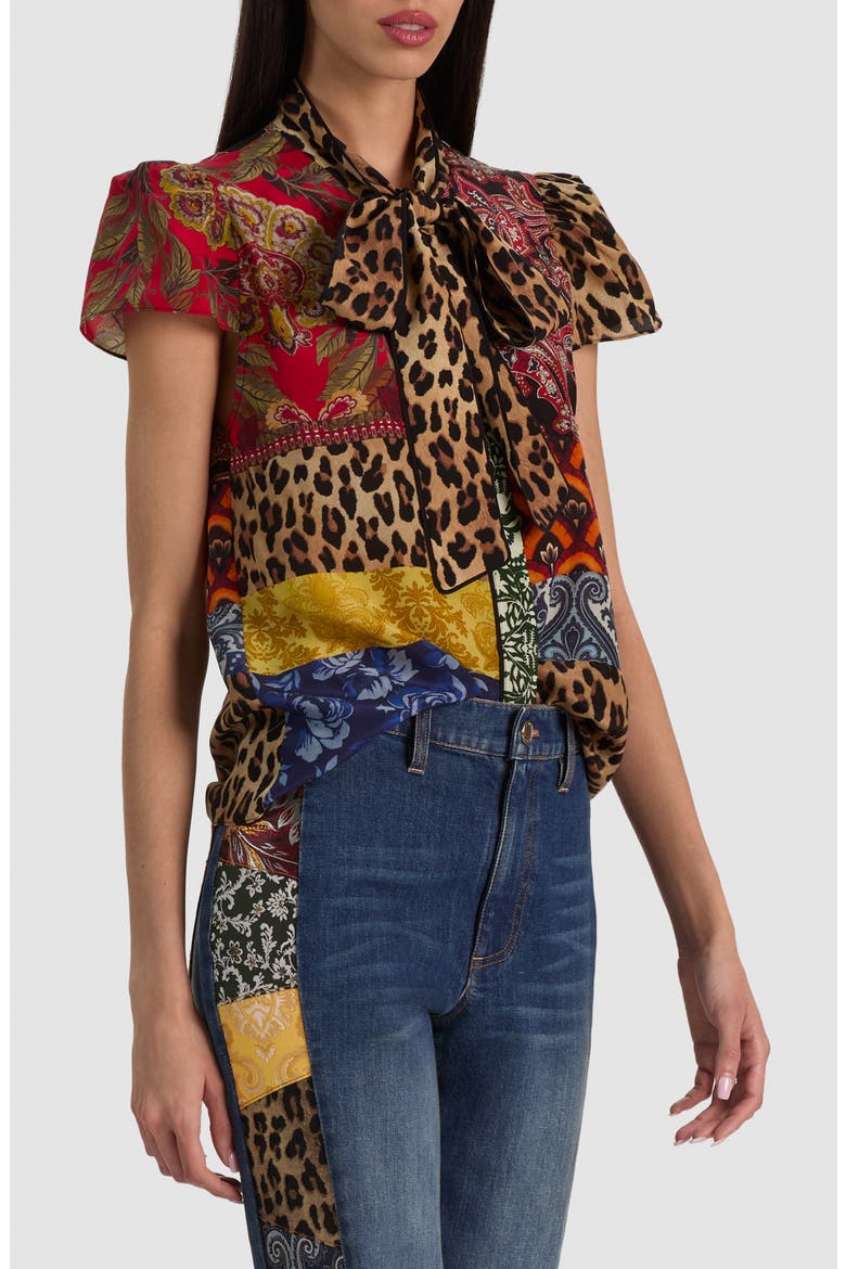 Jeannie Piped Bow Silk Top, Alternate, color, OFF THE GRID