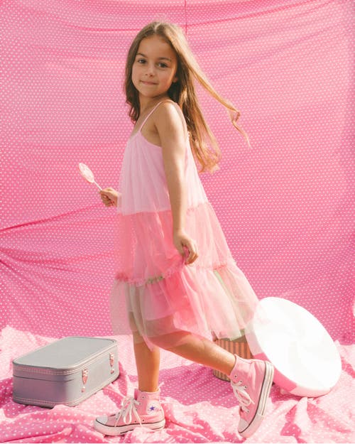 Deux Par Deux Little Girl's Sleeveless Color Block Tulle Dress Pink And Green In Pink And Green