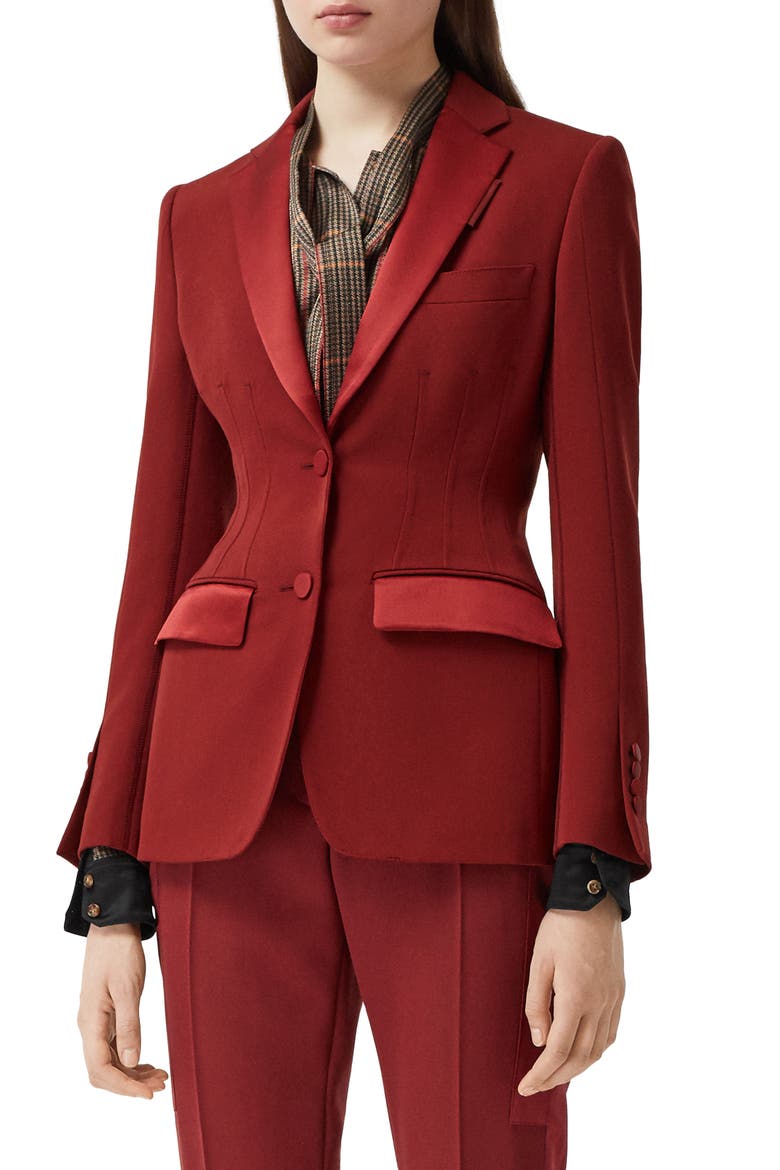Otelia Satin Trim Wool Tuxedo Jacket, Main, color, DARK CARMINE