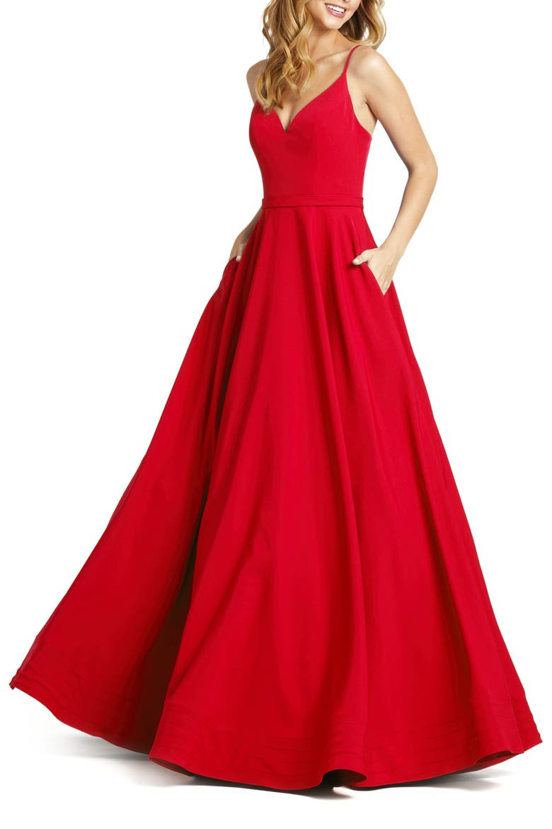 V-Neck Crepe Ballgown, Main, color, RED