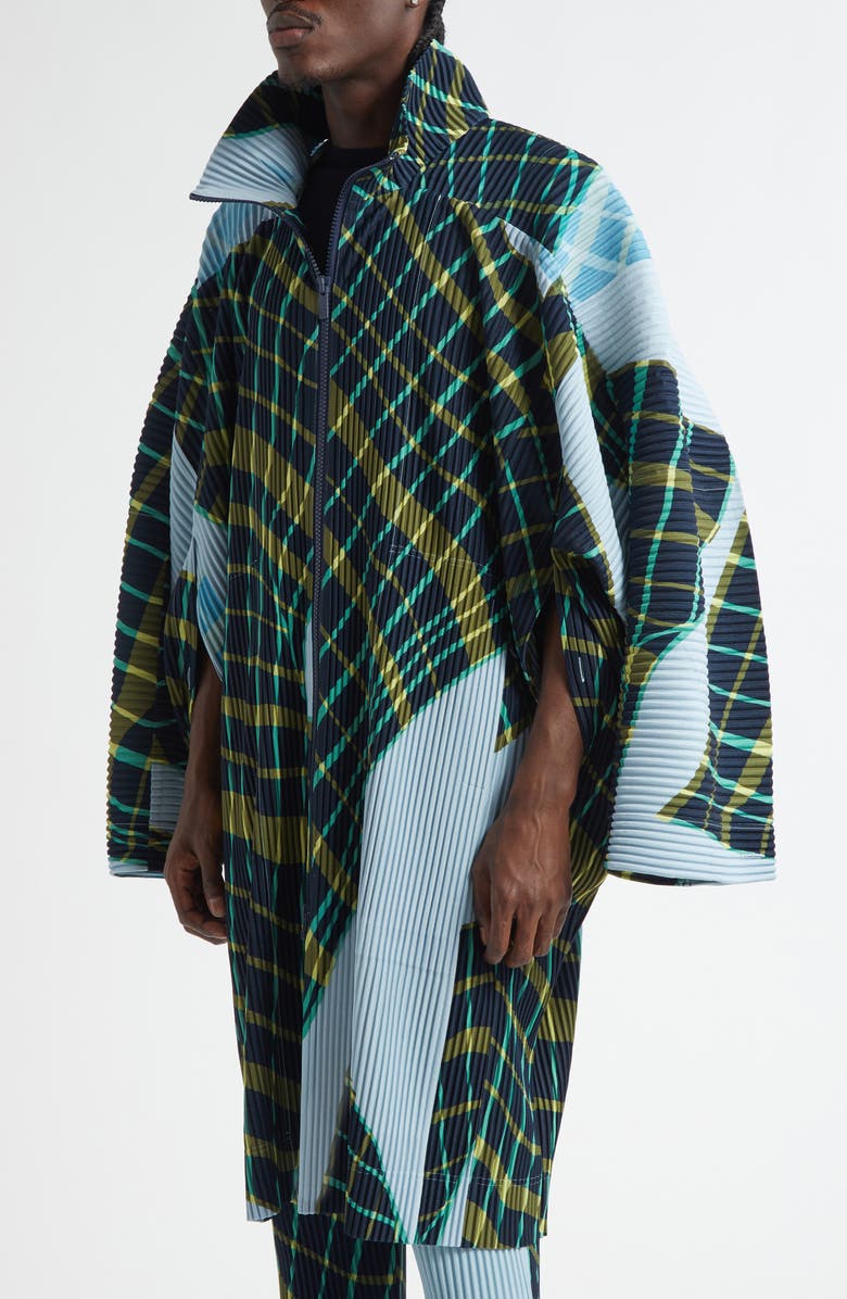 Homme Plissé Issey Miyake Windswept Plaid Pleated Coat, Alternate, color, Blue Gray