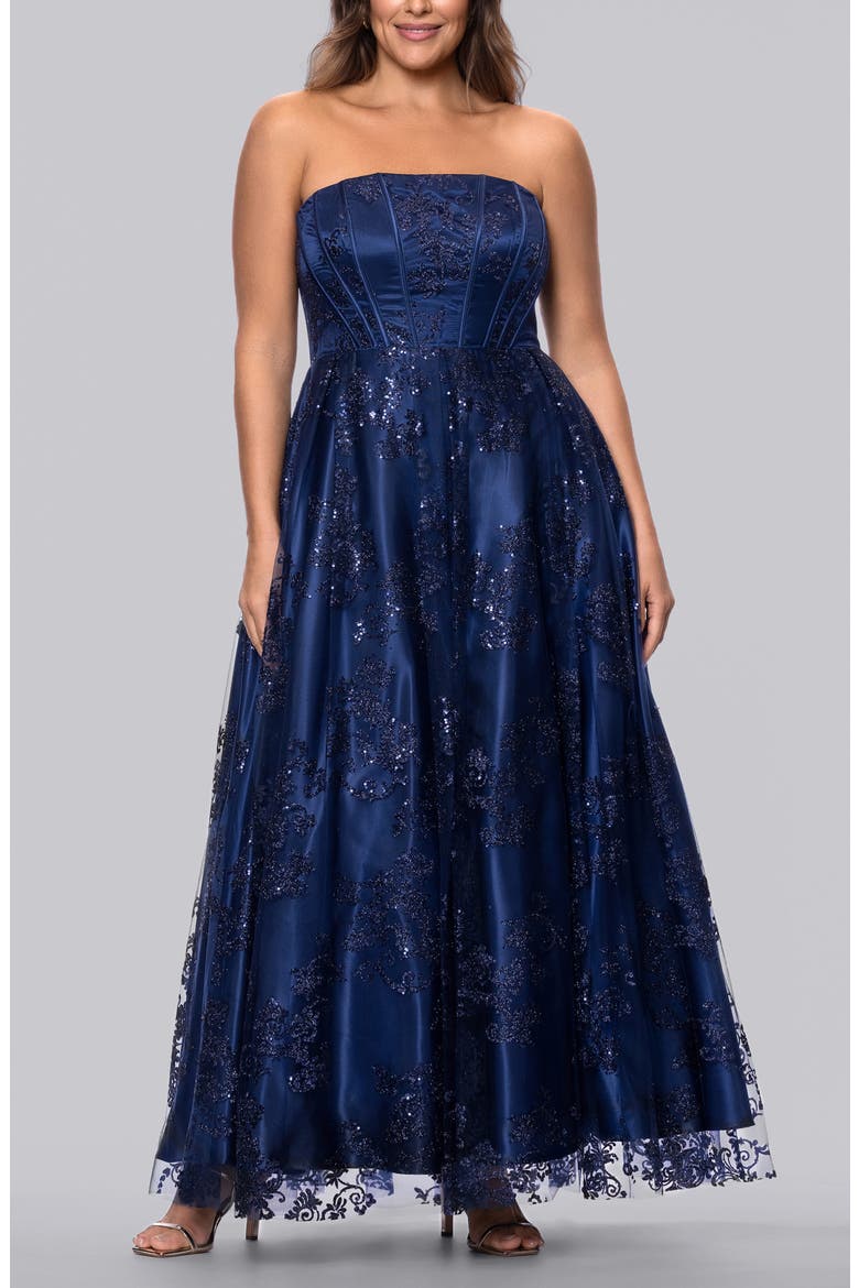 Glitter Mesh Corset Strapless A-Line Gown, Main, color, NAVY