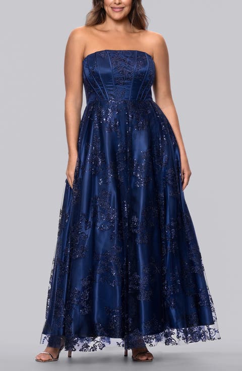 Glitter Mesh Corset Strapless A-Line Gown