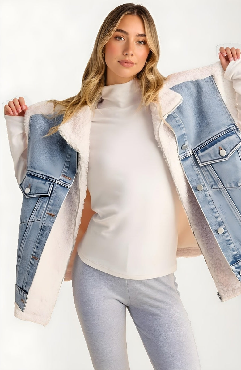 Knit and Lounge Sleeveless Denim and Fleece Snap-Pocket Vest, Alternate, color, 