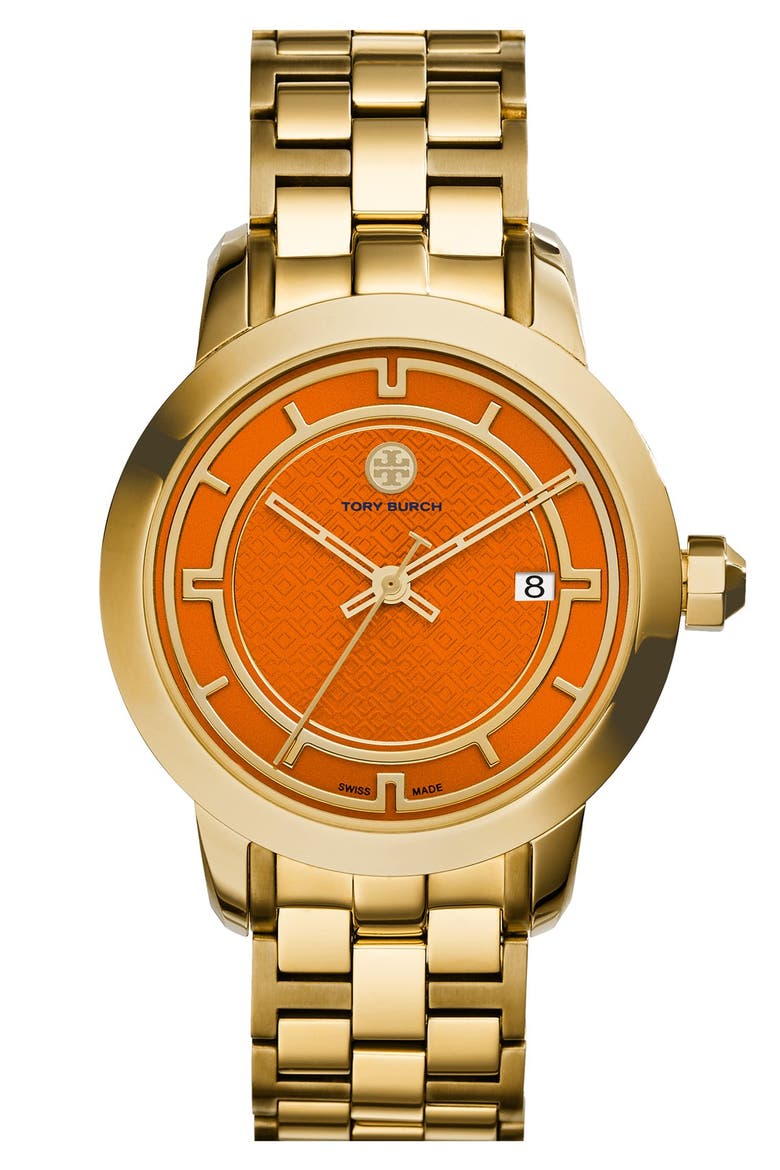 'Tory' Large Round Bracelet Watch, 37mm, Main, color, GOLD/ ORANGE