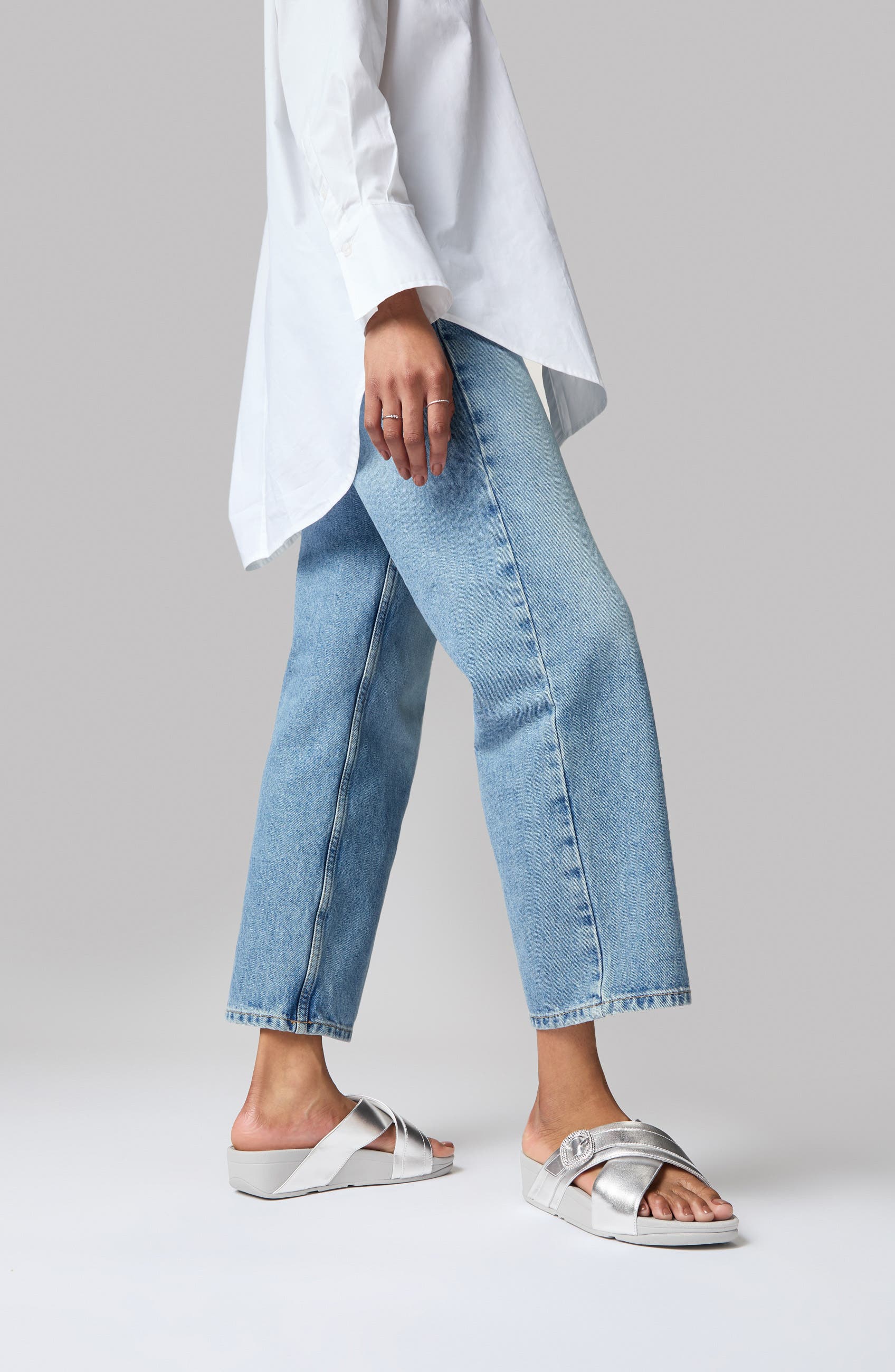 FitFlop Lulu Crystal Buckle Metallic Leather Slide Sandal, Alternate, color, Silver