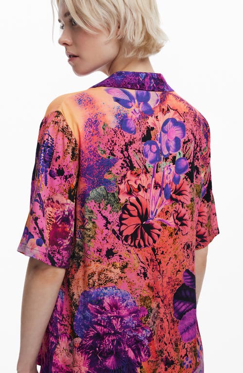 Desigual Tropical Print Camp Shirt In Dark Pink