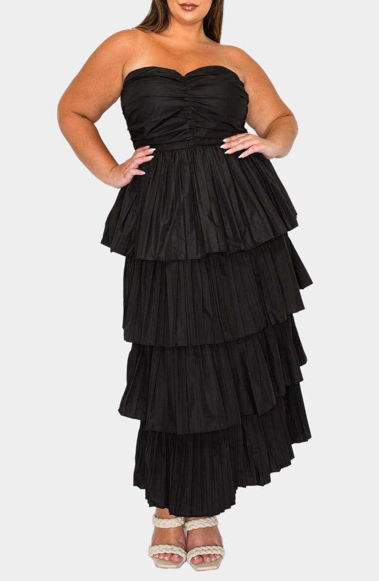 L I V D Eleni Strapless Pleated Tiered Cocktail Dress, Alternate, color, Black