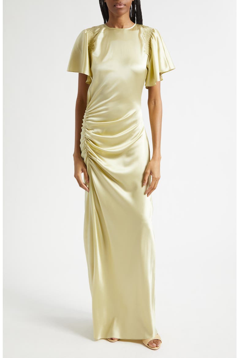 Huntleigh Side Ruched Silk Blend Gown, Main, color, PISTACHIO