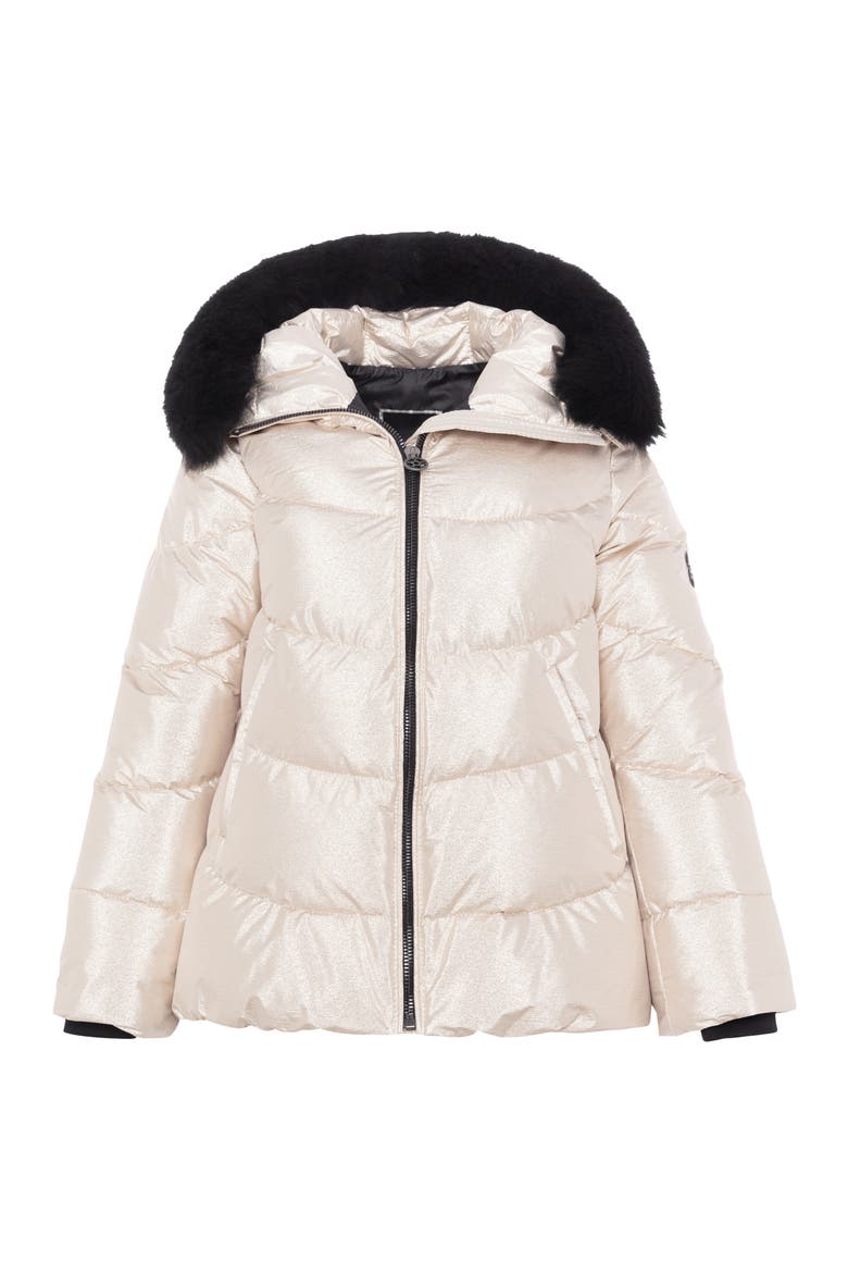 Apres-Ski High-Low Jacket with Detachable Genuine Shearling Hood Trim, Alternate, color, GOLD/BLACK