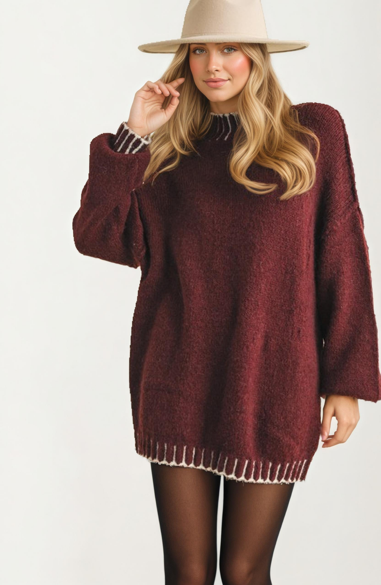 Knit and Lounge Oversized Contrast Trim Sweater, Alternate, color, Maroon
