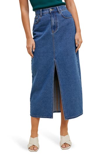 Wishlist For Days Denim Midi Skirt In Dark Wash In Blue