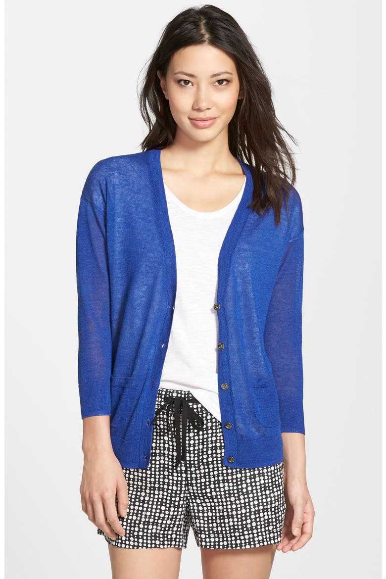 Three-Quarter Sleeve V-Neck Cardigan, Main, color, BLUE MAZARINE
