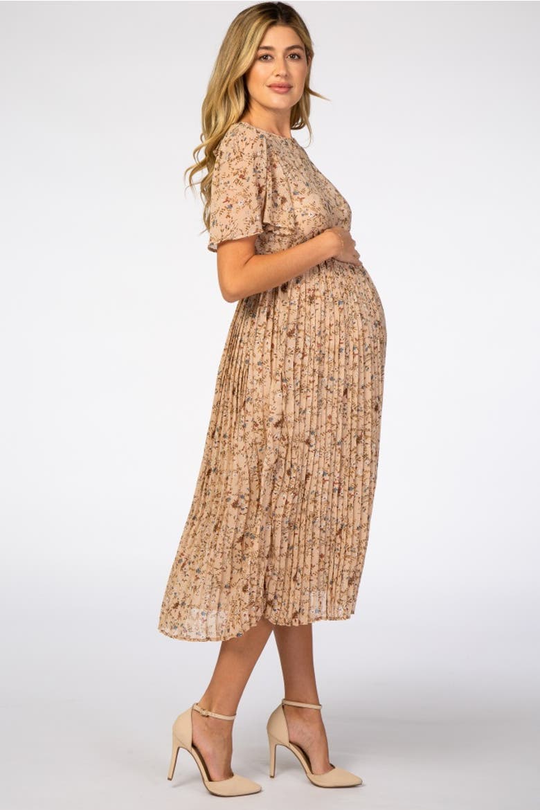 Floral Pleated Chiffon Midi Dress, Alternate, color, Beige