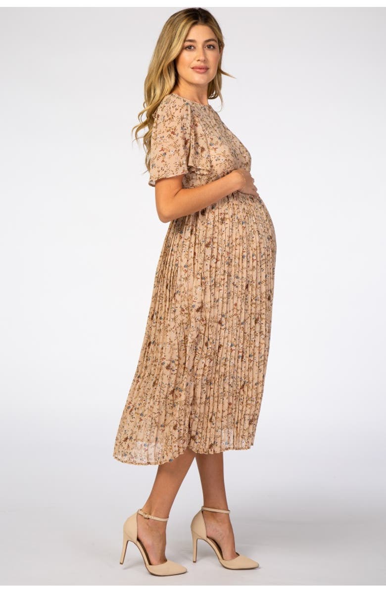 PinkBlush Floral Pleated Chiffon Midi Dress, Alternate, color, Beige