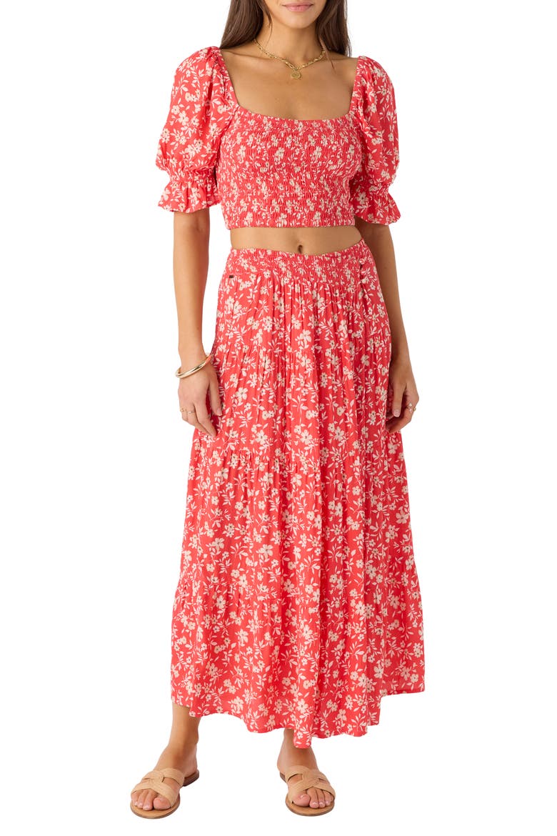 Luciana Floral Smocked Waist Wrap Maxi Skirt, Main, color, CAYENNE