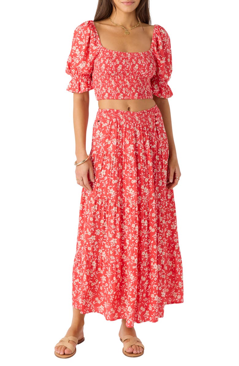 O'Neill Luciana Floral Smocked Waist Wrap Maxi Skirt, Main, color, Cayenne