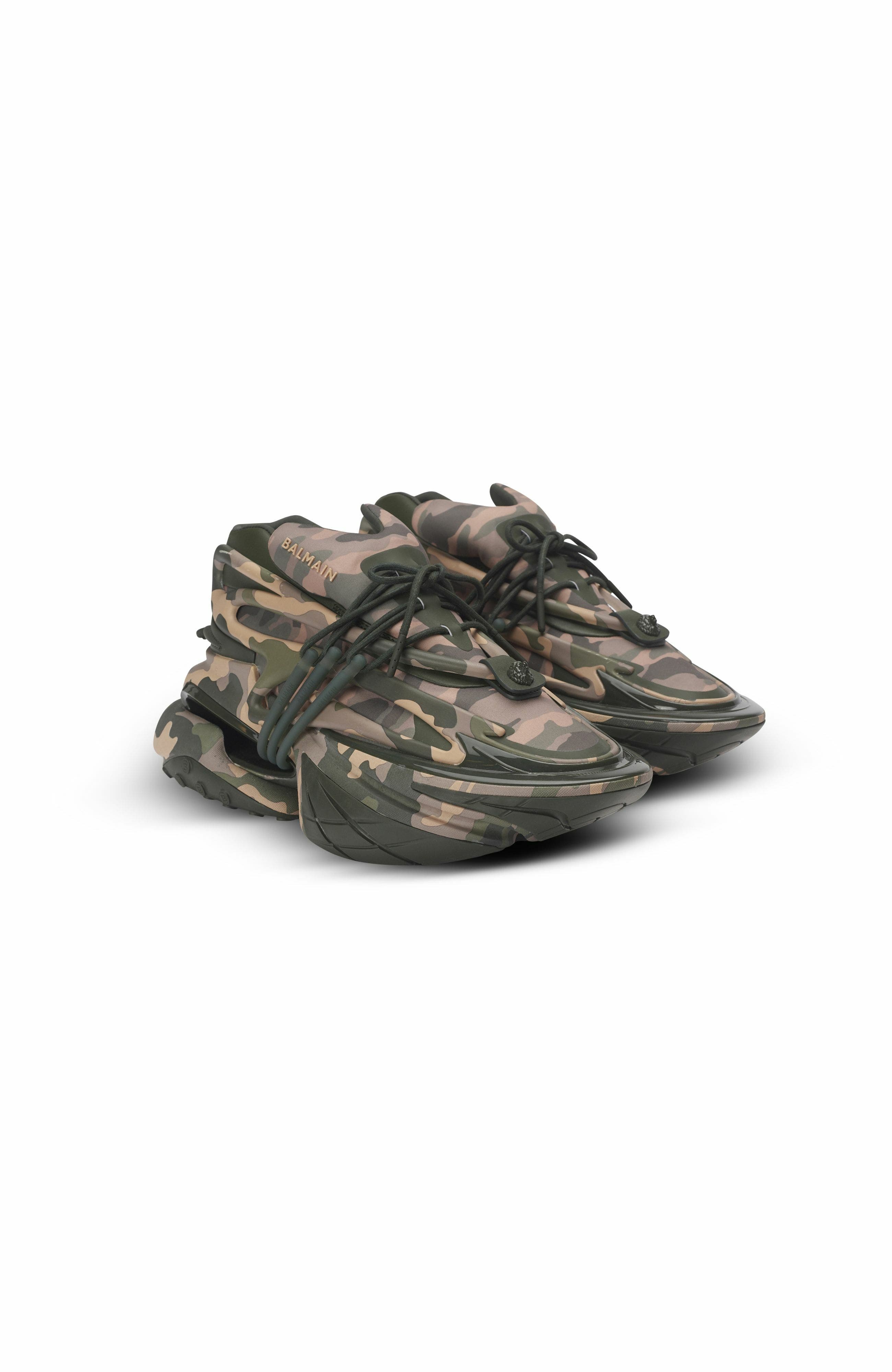 Balmain Unicorn Low Camouflage-Print Trainers, Alternate, color, 