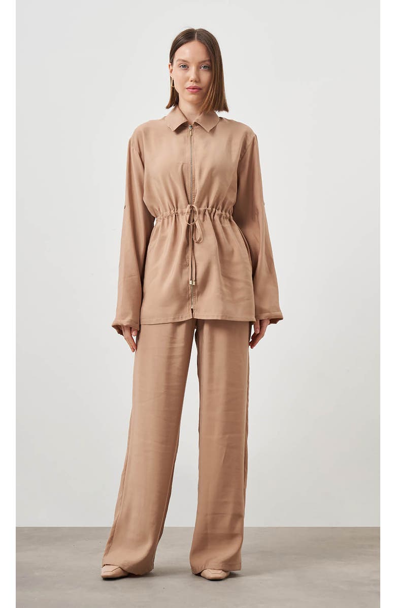 Mizalle Cinched Waist Shirt Jacket, Alternate, color, Beige