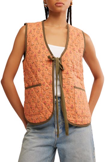 Free People Claudine Quilted Floral Vest In Orange And Olive