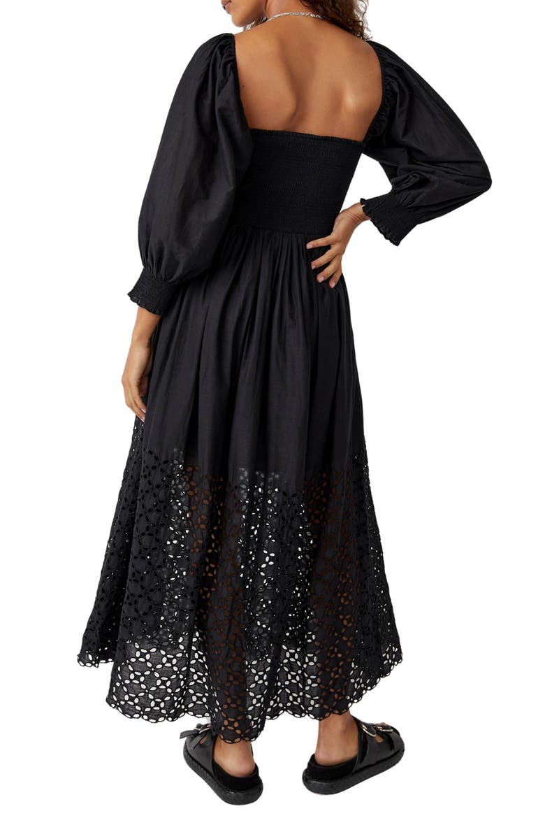 Perfect Storm Smocked Eyelet Long Sleeve Maxi Dress, Alternate, color, BLACK
