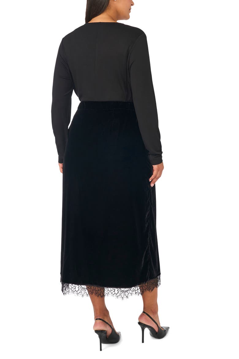 Lace Trim Velvet Midi Skirt, Alternate, color, RICH BLACK 060