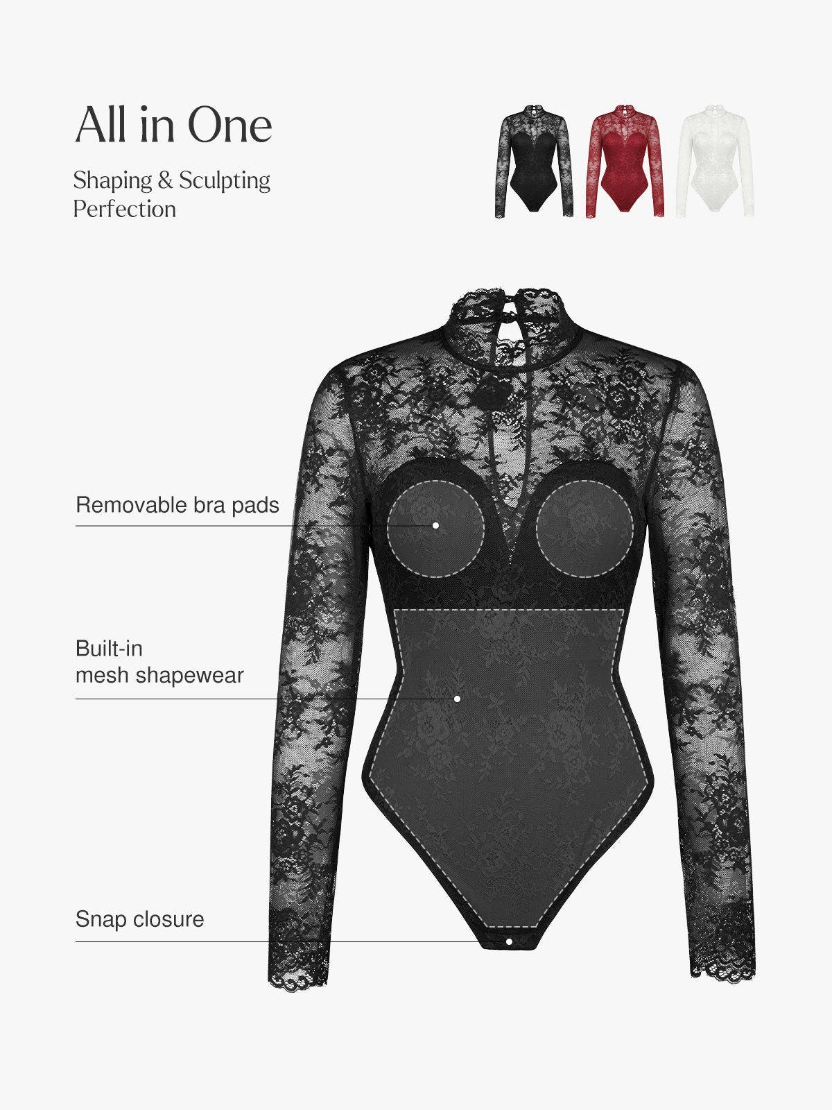 Popilush Shapewear Mock Neck Long Sleeve Floral Lace Bodysuit