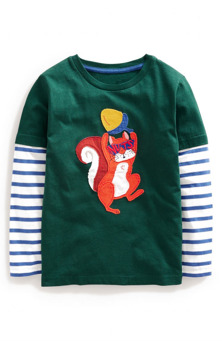 Mini Boden Kids' Squirrel Appliqué Layered Long Sleeve T-Shirt, Main, color, 
