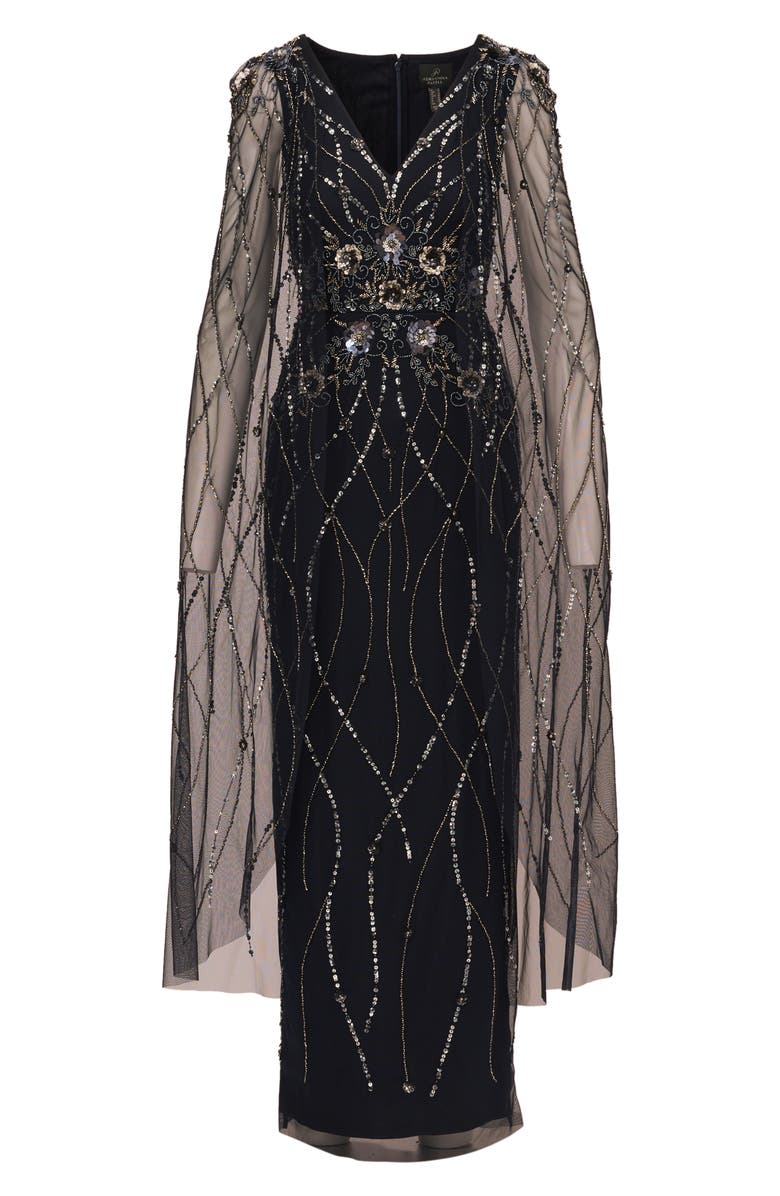 Adrianna Papell Beaded Sequin Long Sleeve Cape Overlay Column Gown, Alternate, color,