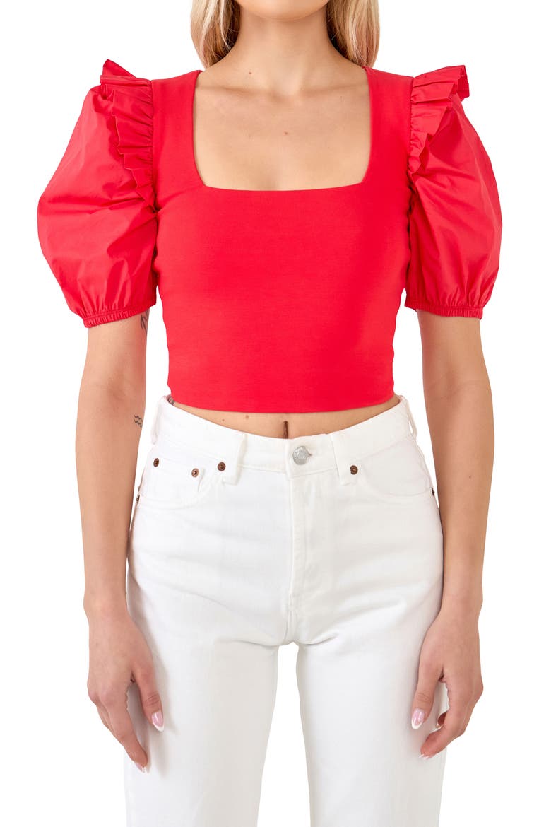 Mixed Media Puff Sleeve Crop Top, Alternate, color, RED