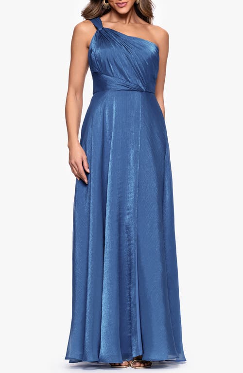 Xscape Evenings One-shoulder Metallic Organza Gown In Blue