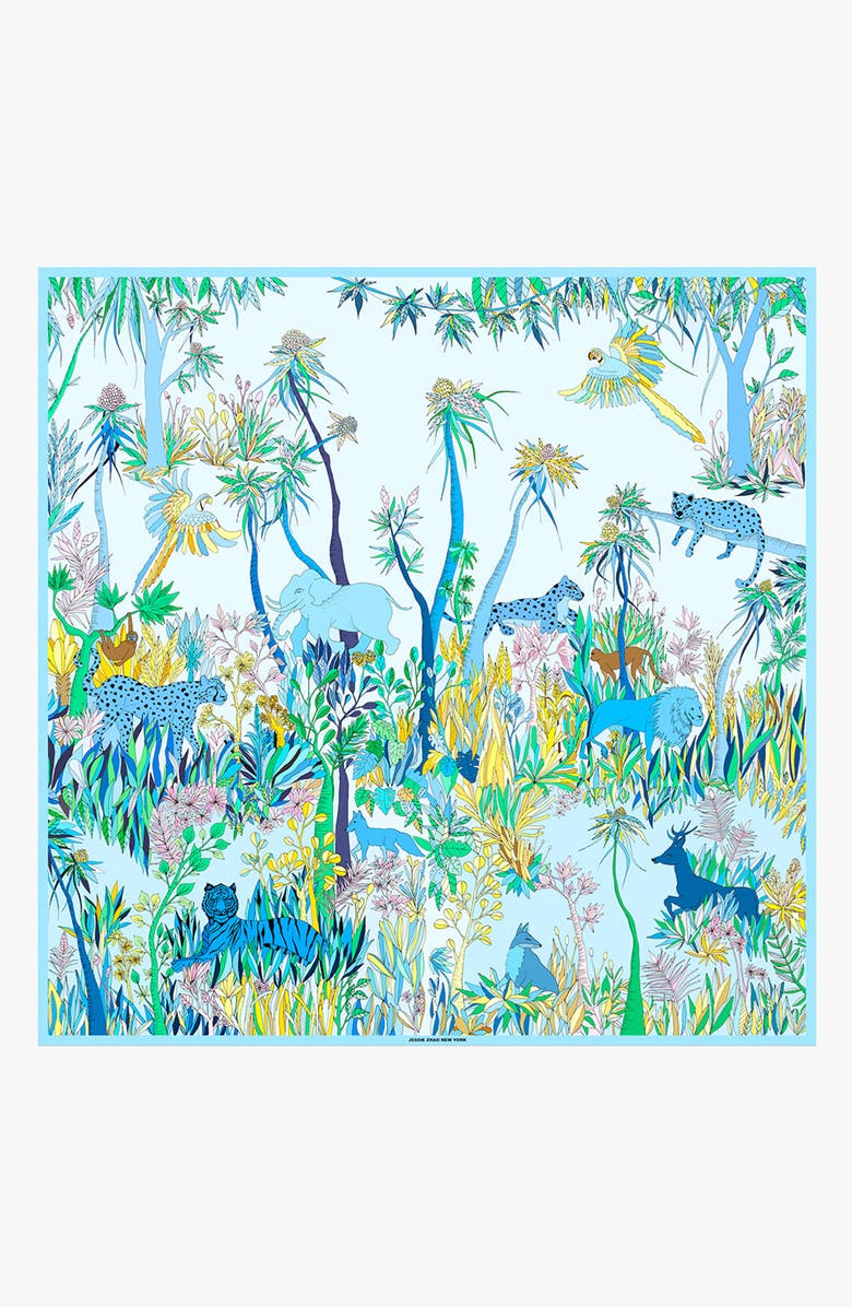 Jessie Zhao New York Double Sided Silk Scarf Of Blue Animal Kingdom, Main, color, Blue