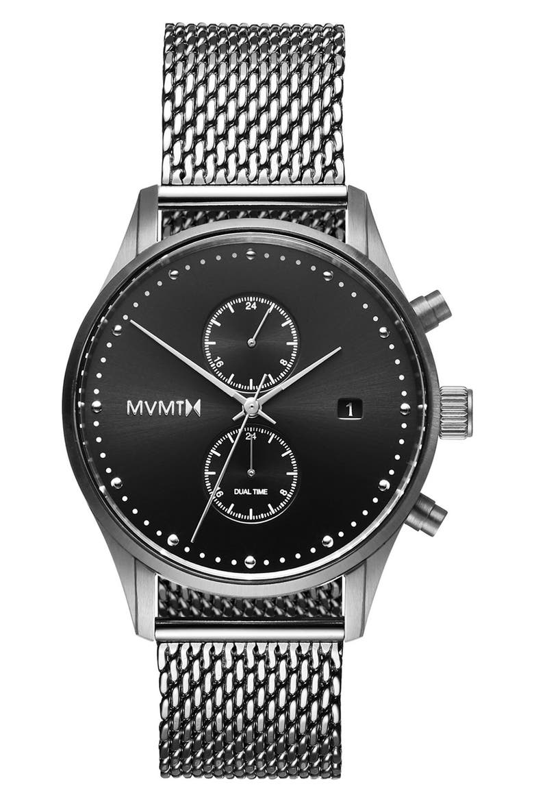 MVMT Voyager Chronograph Mesh Strap Watch, 42mm, Main, color, SILVER/ BLACK/ SILVER