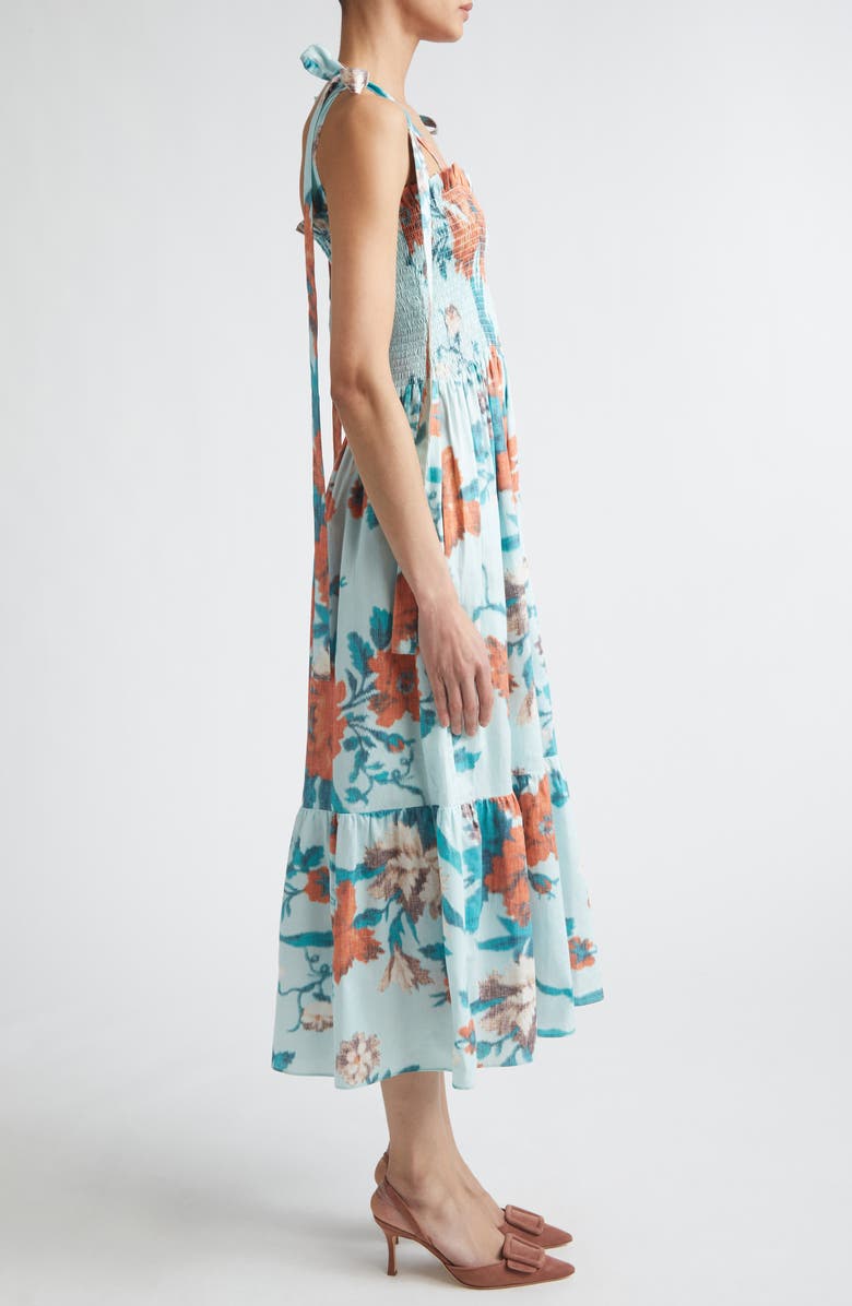 Erdem Floral Tiered Cotton Midi Sundress, Alternate, color, Trailing Poppy Dream Blue