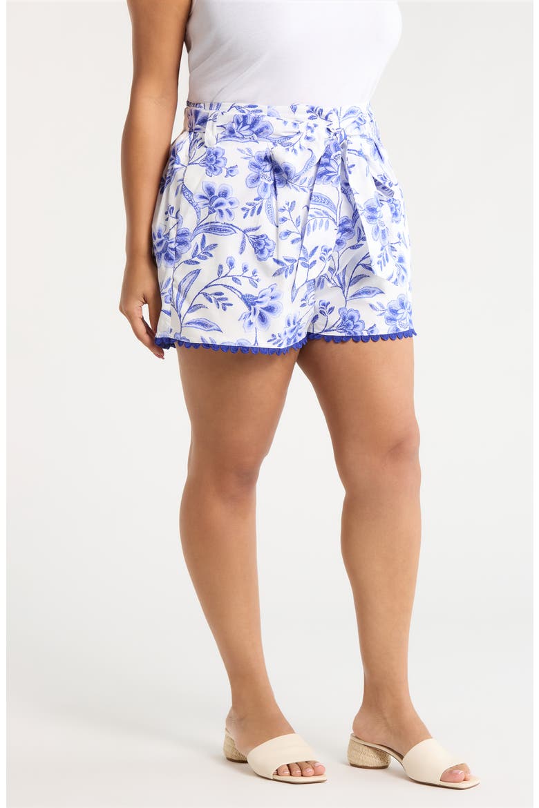 Maeve Belted Floral Zaferia Cotton Shorts, Alternate, color, WHITE COBALTS