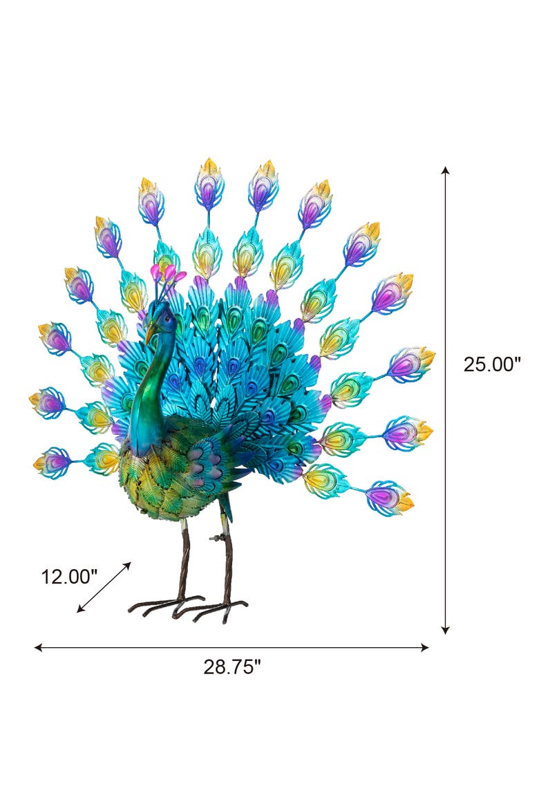 28.75"W Metal Peacock Tail Spread Garden Statue with Stakes, Alternate, color, Blue