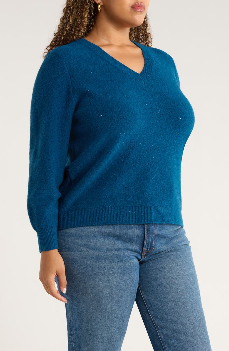 Caslon<sup>®</sup> Sequin V-Neck Sweater, Alternate, color, Blue Poseidon