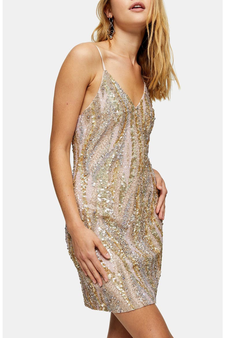 Evelyn Sequin Mini Slipdress, Alternate, color, NUDE
