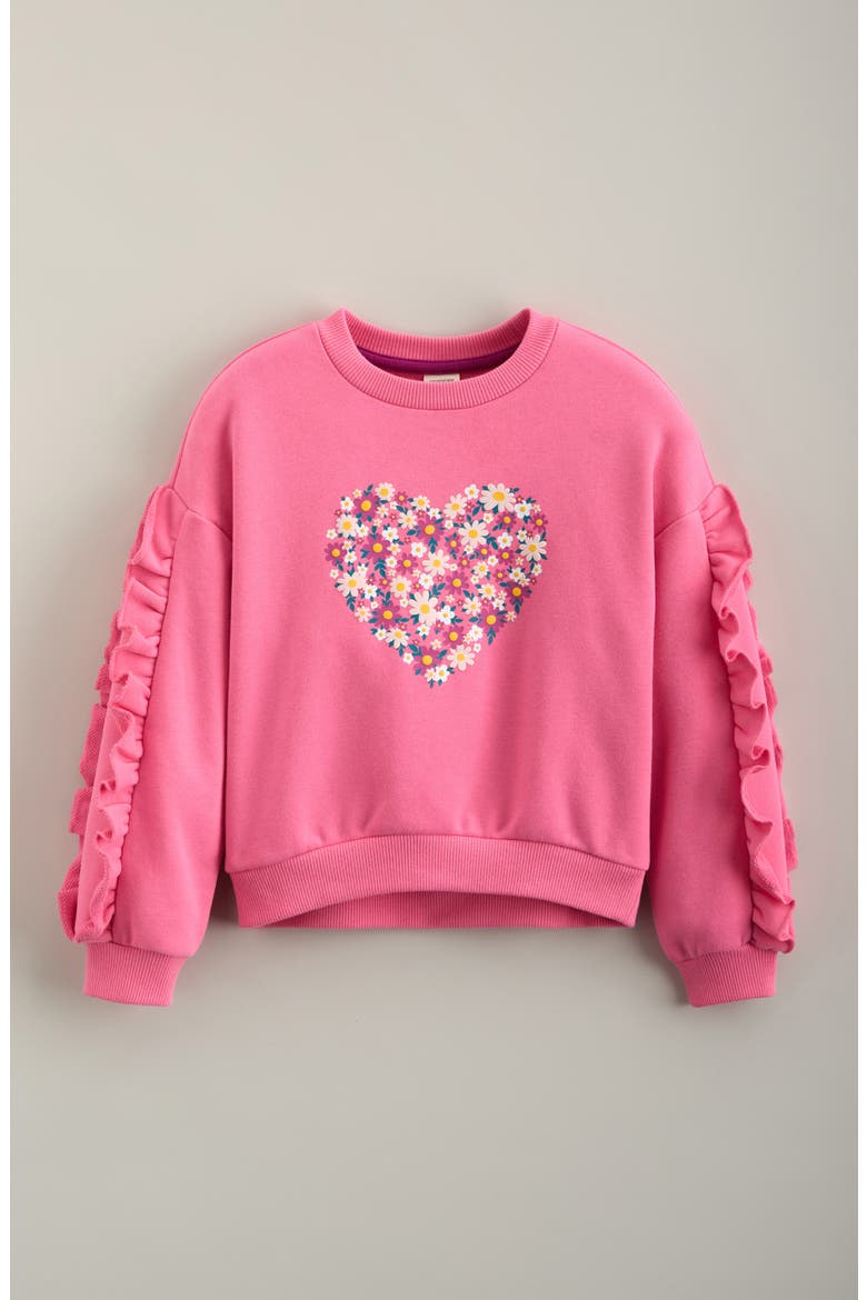 Kids' Ruffle Pullover Sweatshirt, Main, color, PINK COSMOS WILDFLOWER HEART