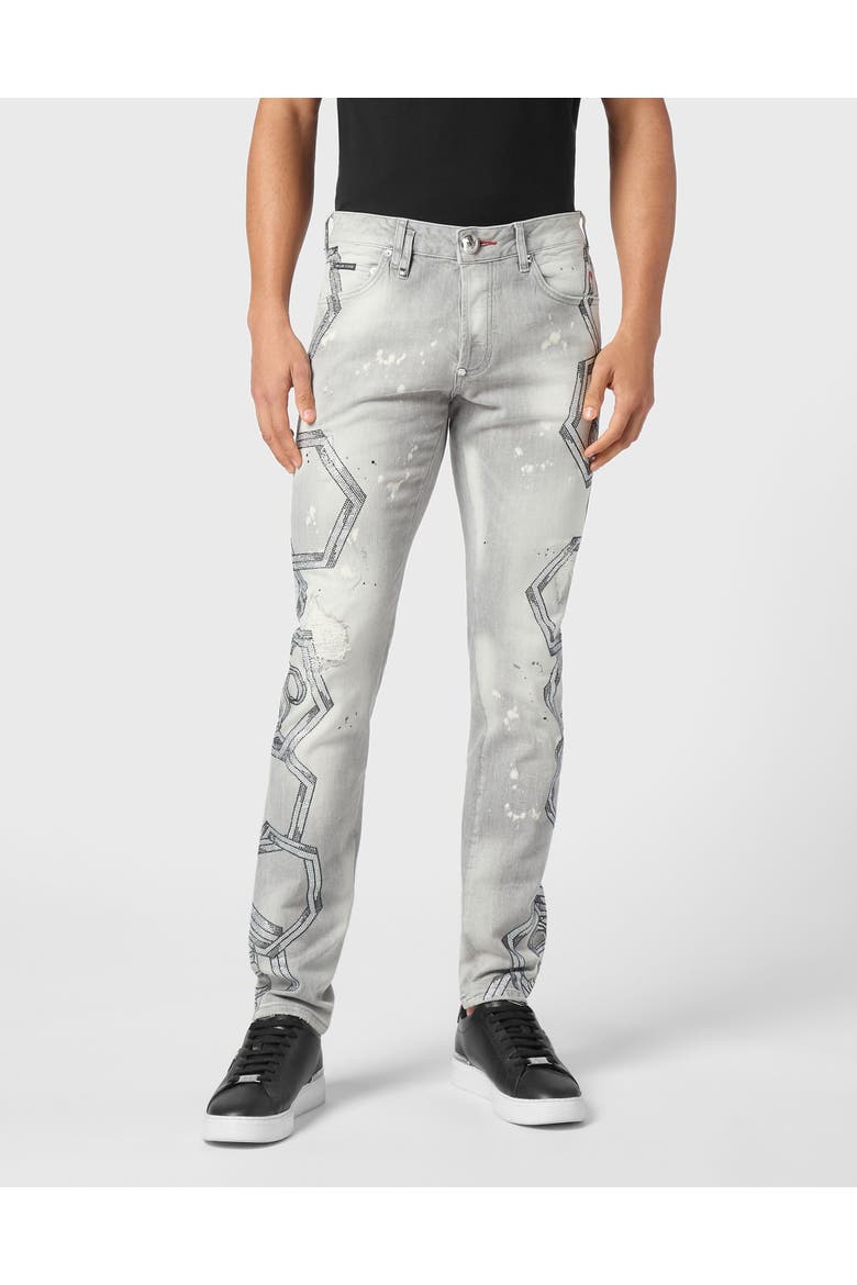 Denim Super Straight Cut Trousers Strass Chains Men, Main, color, ConcreteGrey