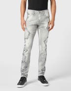PHILIPP PLEIN Denim Super Straight Cut Trousers Strass Chains Men