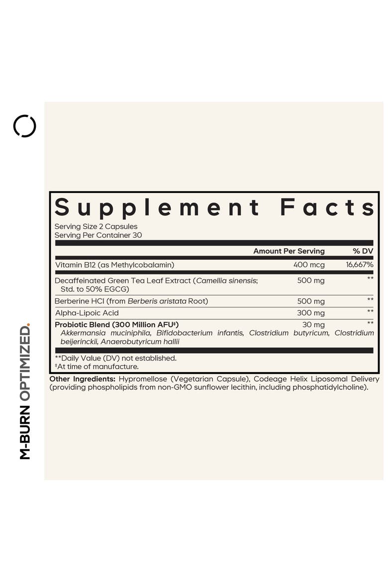 M-Burn Optimized Decaf Green Tea, Berberine, ALA & Probiotics Supplement, Alternate, color, White