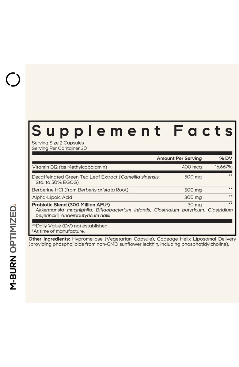 Codeage M-Burn Optimized Decaf Green Tea, Berberine, ALA & Probiotics Supplement, Alternate, color, White