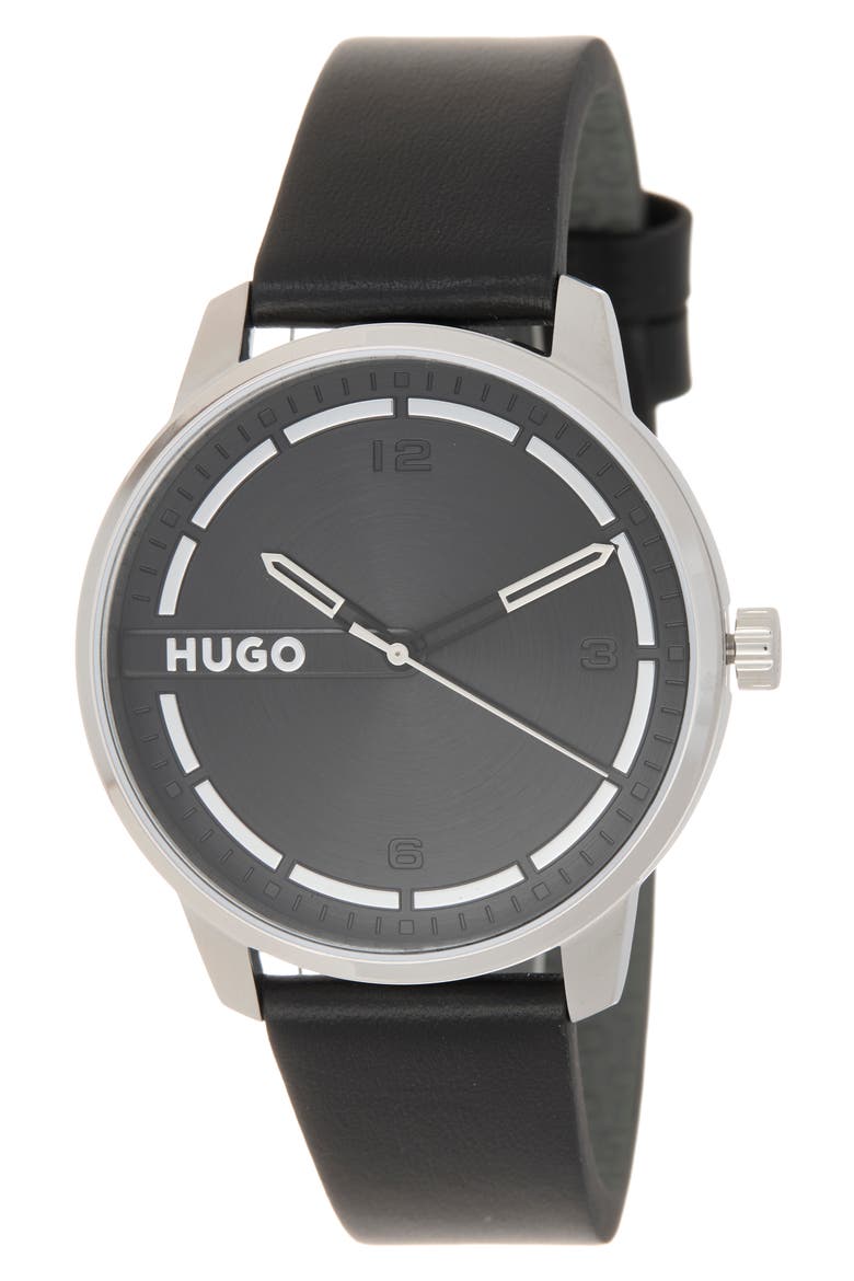 Stamp Leather Strap Watch, 42mm, Main, color, BLACK