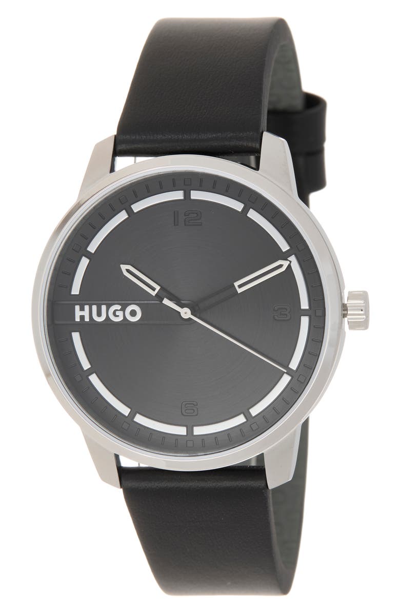 BOSS Stamp Leather Strap Watch, 42mm, Main, color, Black