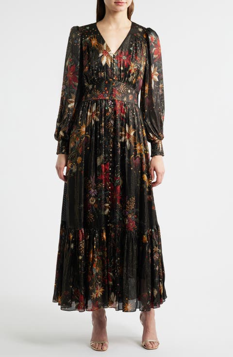 The Sophie Floral Metallic Stripe Long Sleeve Silk Blend Dress