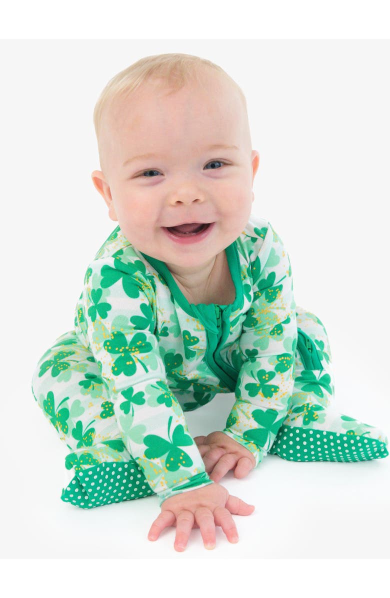 RuffleButts SoftSnooze Gender Inclusive One Piece Footie Pajamas, Alternate, color, Clover Field