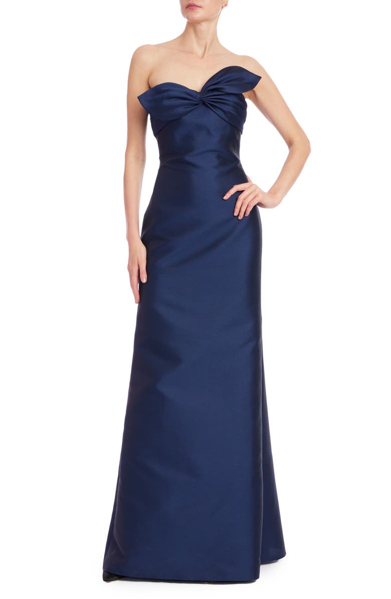 Badgley Mischka Collection Bow Detail Strapless Gown, Main, color, Navy