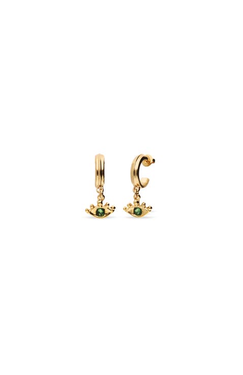 18K Gold-Plated Hoop Earrings with Eye Detail with Green Crystal